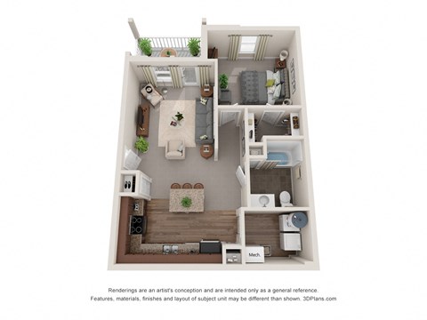 Floor plan for 1 bed, 1 bath, 767 sqft